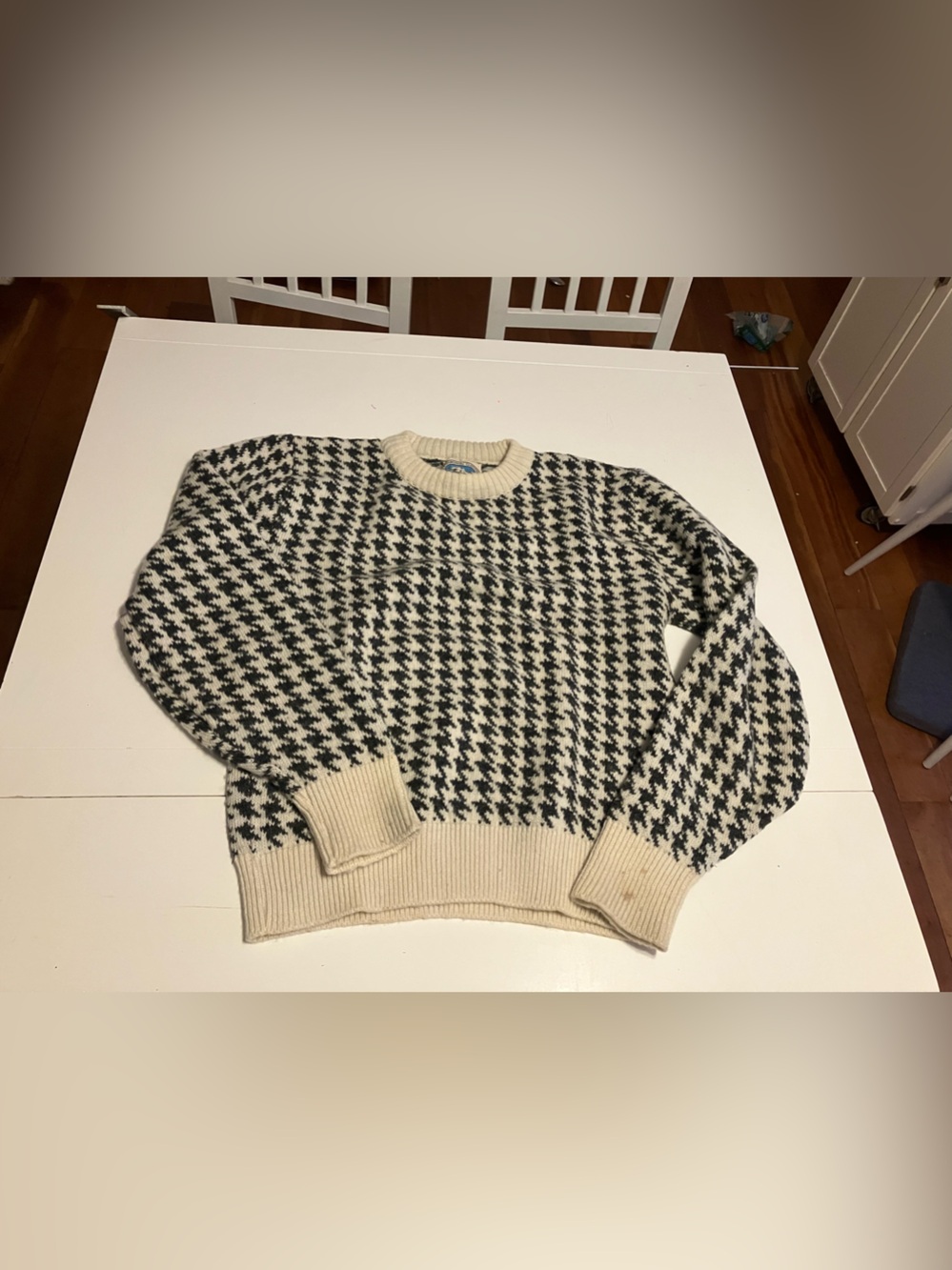 Cream and Black Houndstooth Crewneck Sweater - Men